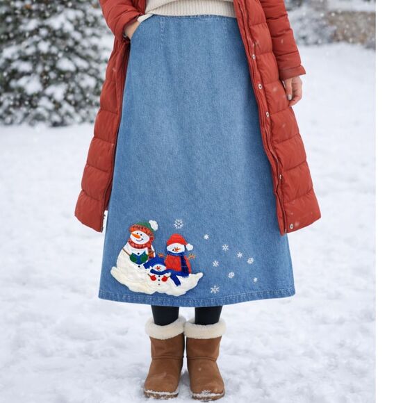 Westbound Dresses & Skirts - Vintage Westbound Denim Snowman Skirt Jean Holiday Winter Size 10